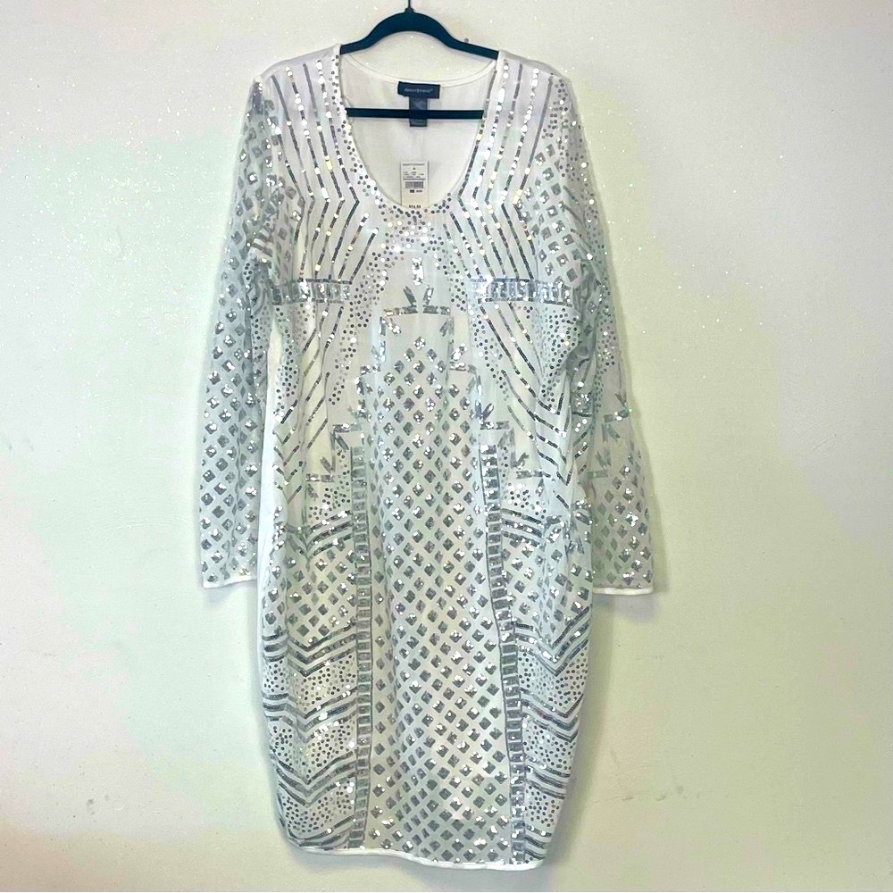 Ashley Stewart Plus Size White Silver Sequin Sparkle Dress 26/28